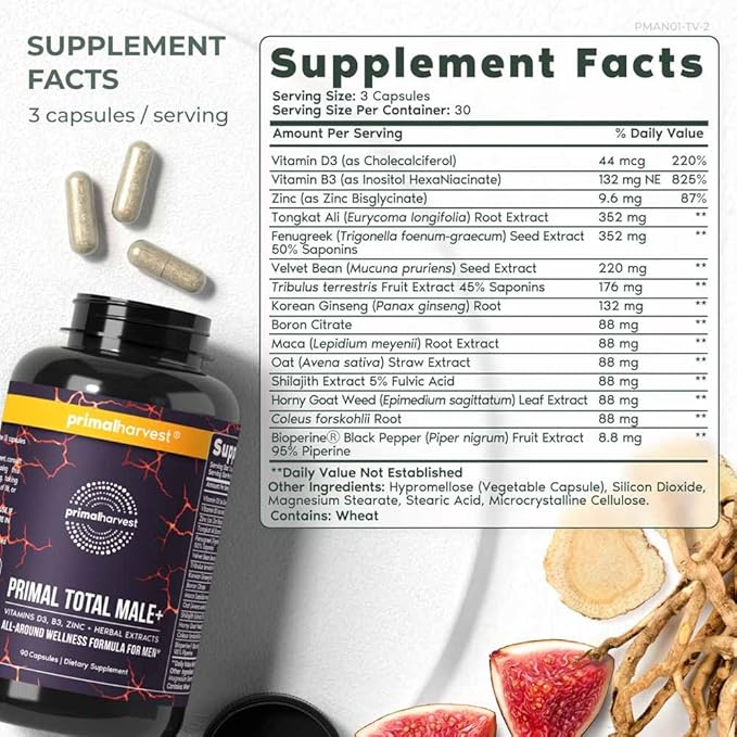 Primal Harvest Total Male+ Multivitamin for Men with Essential Vitamins, Minerals and Herbal Support for Energy, Vitality, Immune Health and Performance