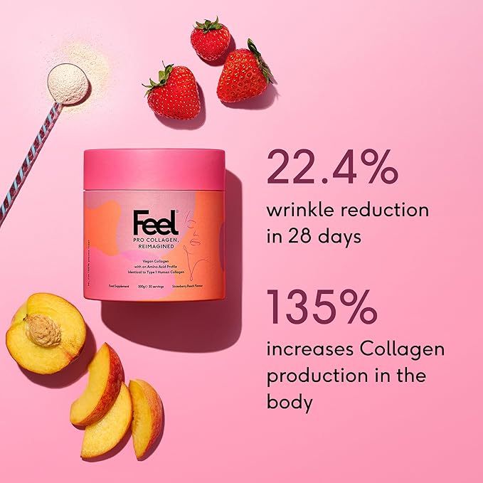 FEEL, Pro Collagen Strawberry Peach Flavor, Vegan Type I Collagen, Clinically Proven to Reduce Wrinkles by 22.4% in 28 Days