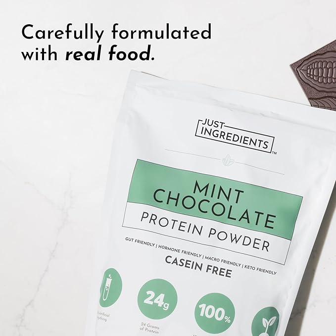 JUST INGREDIENTS Mint Chocolate Protein Powder – 30 Serving Bag – Grass-Fed Whey & Plant Protein Blend with Real Cocoa & Peppermint –Sweetened, Non-GMO, Gluten-Free, No Artificial Flavors