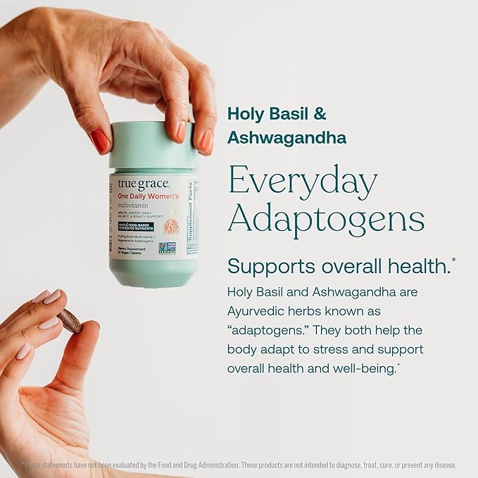 True Grace One Daily Women’s Multivitamin Fermented Minerals, Organic Adaptogens & Mushrooms Whole Body Balance, Immune, Energy, Beauty Support - Non-GMO, Gluten Free, Soy Free - 30 Vegan Tablets