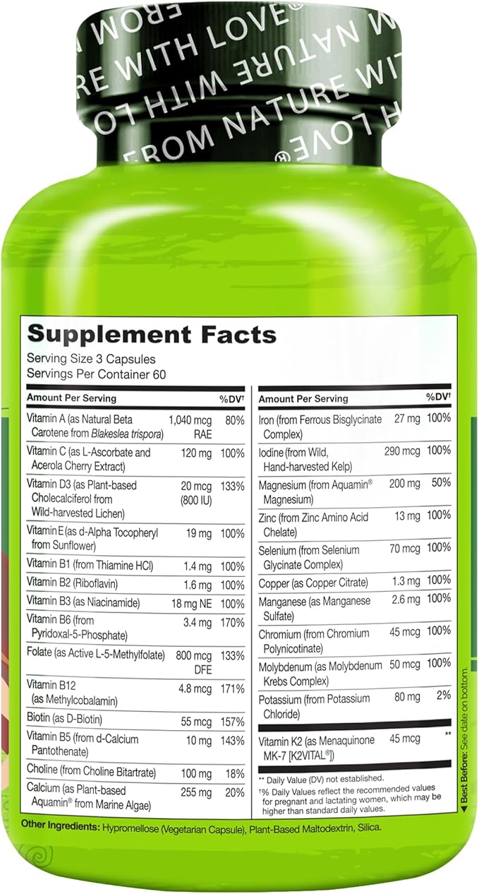 NATURELO Prenatal Multivitamin with Gentle Chelated Iron, Methyl Folate, Plant Calcium & Choline - Vegan, Vegetarian - Non-GMO - Gluten Free - 180 Capsules - 4 Month Supply (Pack of 2)