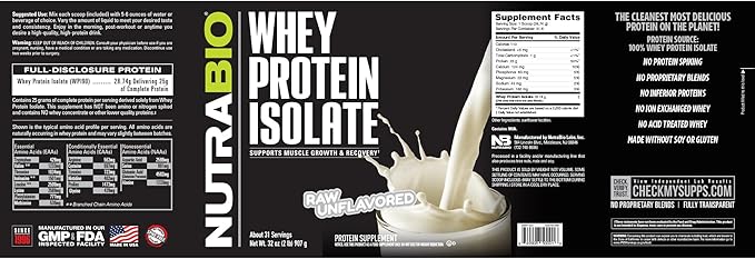 NutraBio 100% Whey Protein Isolate Protein Powder, 25g Protein with Complete Amino Acid Profile, Non-GMO, Soy & Gluten Free, Low Carb, Low Calorie Whey Protein Powder, Raw Unflavored, 2 Lbs
