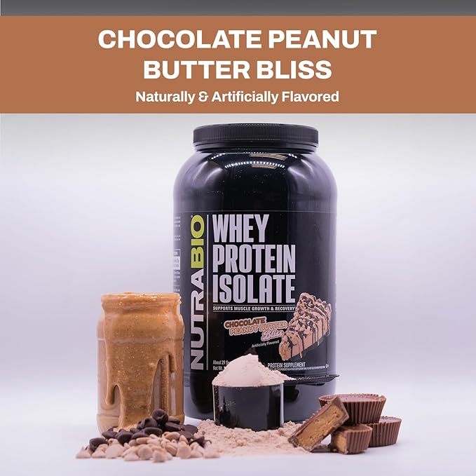 NutraBio 100% Whey Protein Isolate Protein Powder, 25g Protein with Complete Amino Acid Profile, Non-GMO, Soy & Gluten Free, Low Carb, Low Calorie Whey Protein Powder, Chocolate Peanut Butter, 5 Lbs