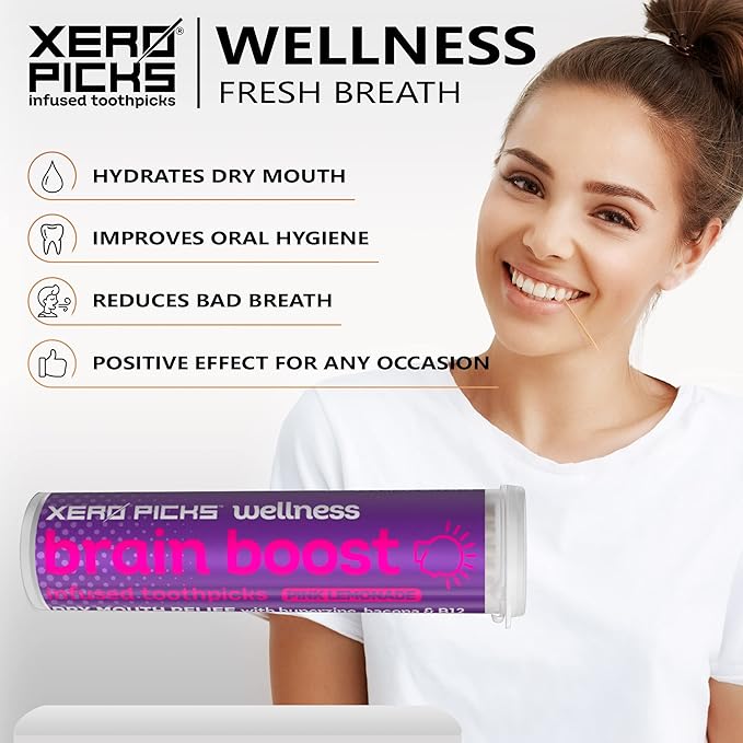 Xero Picks Wellness - Infused Flavored Toothpicks - Dry Mouth Prevention - 60 Picks - 3 Pack - Pink Lemonade - Brain Boost - Huperzine, Bacopa, B12