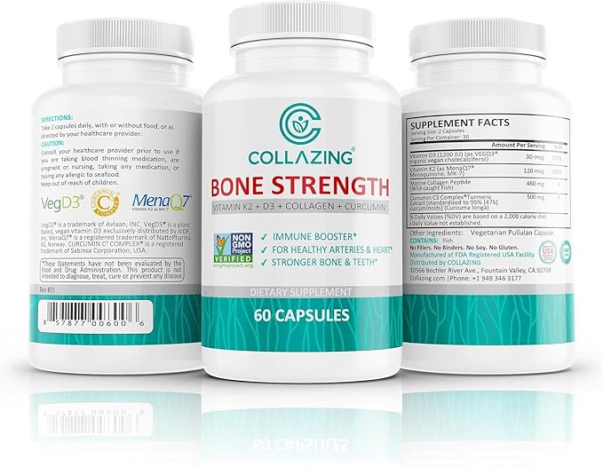 Bone Strength - Vitamin D3 + K2 Supplement with Collagen & Curcumin - Supports Bone, Heart, Joint Health & Immune Function - High Absorption Formula - 60 Capsules