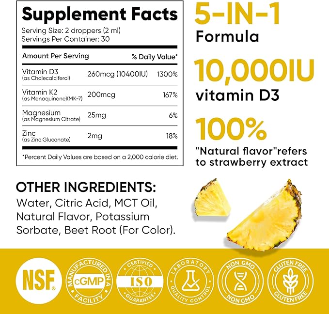 Venture Pal 5-in-1 Vitamin D3 10000 IU & K2 as MK-7 200mcg with Magnesium, MCT Oil, Zinc, Sugar-Free Vitamin D Liquid |Maximum Absorption for Bone, Mood & Immune Health - 2 FL OZ, 60 Days