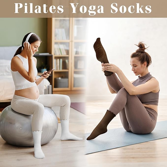 Justay 6 Pairs Womens Pilates Socks with Grips Crew Non Slip Ruffle Cotton for Athletic Workout Barre Hospital Yoga Socks