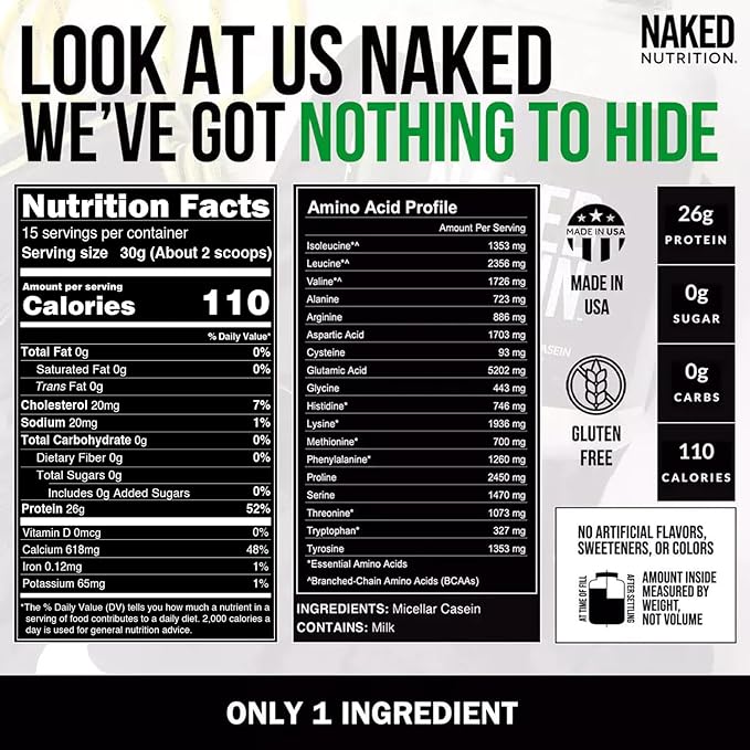 NAKED Casein - 1Lb Micellar Casein Protein - Bulk, Zero Carb, GMO-Free, Gluten Free, Soy Free, Preservative Free - Stimulate Muscle Growth - Enhance Recovery - 15 Servings
