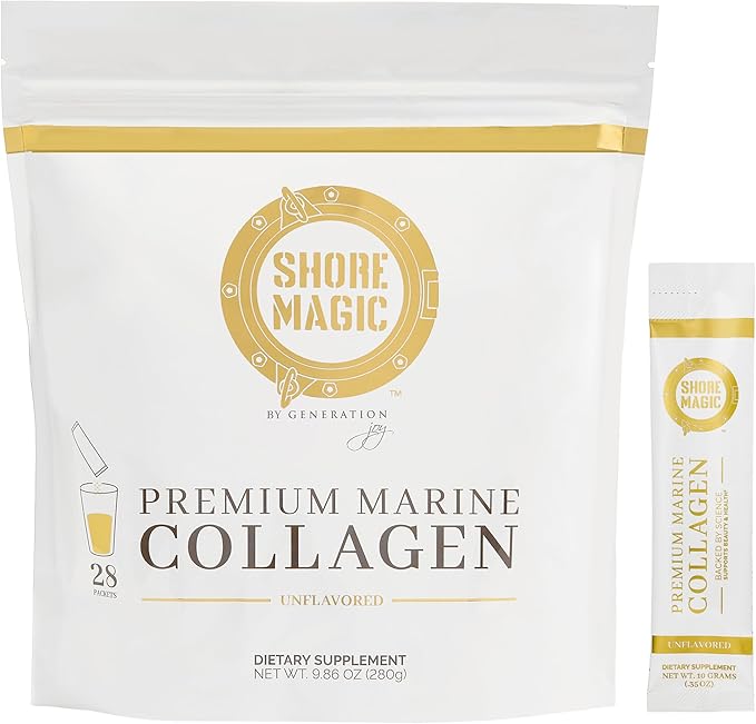 Shore Magic Premium Marine Collagen Powder – Hydrolyzed Type I, II, III & IV Peptides for Skin, Hair, Nails & Joints – Wild-Caught Fish, Kosher, Unflavored, Travel Friendly, 28 Daily Packets