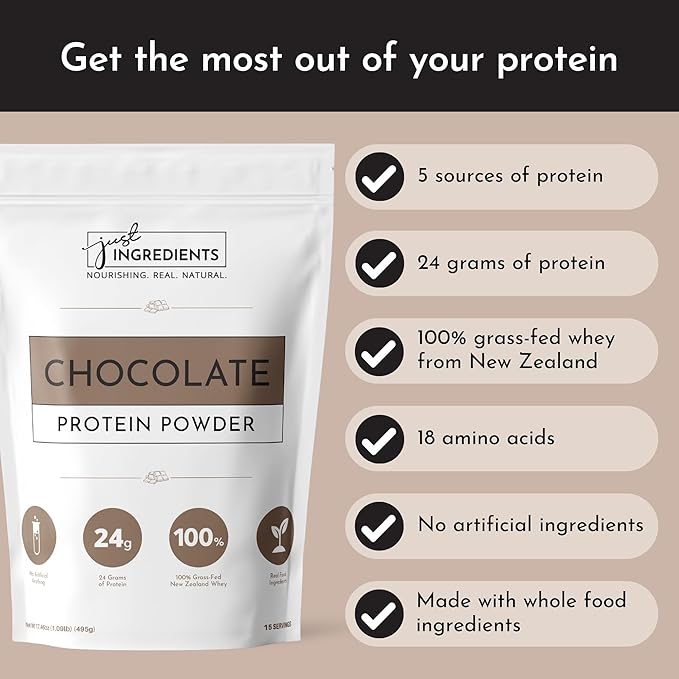 JUST INGREDIENTS Protein Powder | 15 Servings | 24g Protein | Chocolate Flavor Made with 100% Grass-Fed, Non-Denatured Whey | Five Different Sources from Organic Whole Food Ingredients