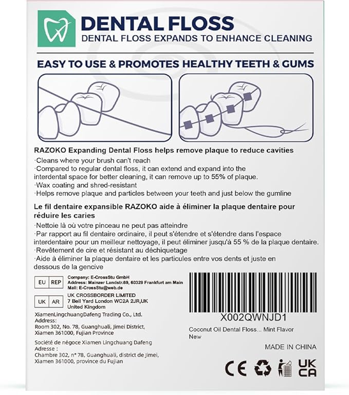 RAZOKO Coconut Oil Dental Floss Expanding Dental Floss Suitable for Wide Spaces (55 Yards, 4 Count) - Mint Flavor