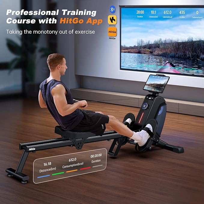 Magnetic Rowing Machine for Home Use, Foldable Rower with 32 Levels of Silent Resistance, LED Light Effects, Compact Dual Slide Rail, Max 350lb Capacity, Bluetooth & App Compatible