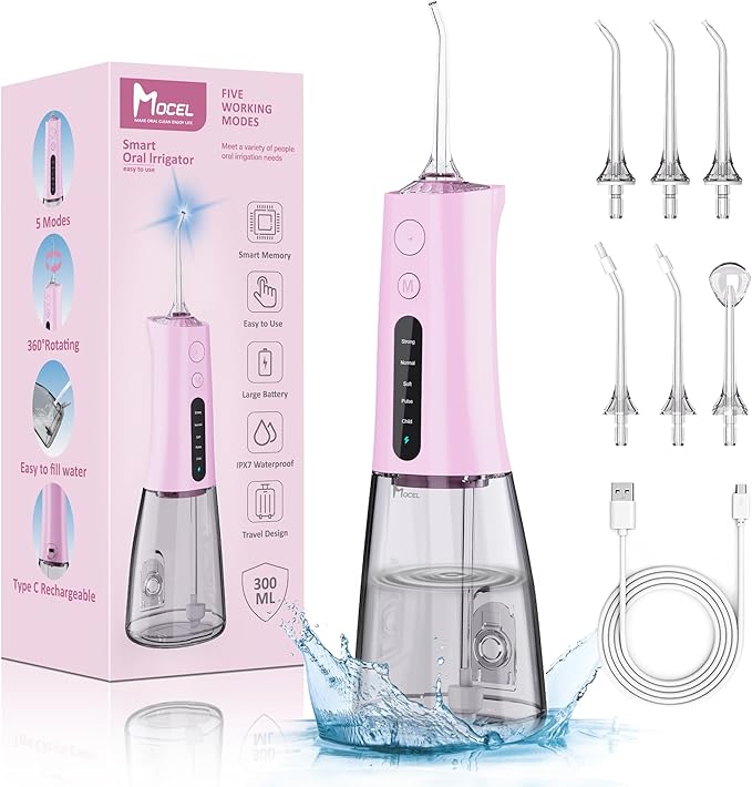 Water Dental Flosser OLED Display Cordless Teeth Cleaning MOCEL 5 Modes Oral Irrigator 300ML Portable and USB C Rechargeable IPX7 Waterproof Floss Teeth Pick (Pink)