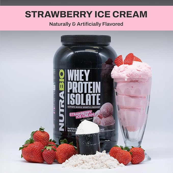 NutraBio 100% Whey Protein Isolate Protein Powder, 25g Protein with Complete Amino Acid Profile, Non-GMO, Soy & Gluten Free, Low Carb, Low Calorie Whey Protein Powder, Strawberry Ice Cream, 2 Lbs