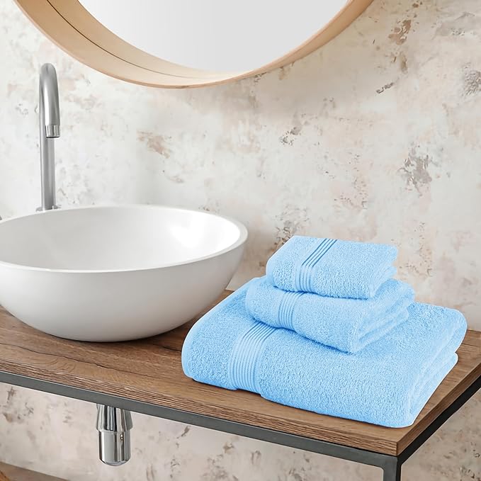 Belizzi Home Ultra Soft 3 Pack Cotton Towel Set, Contains a Bath Towel 28x55 inch, a Hand Towel 16x24 inch & a Wash Coth 12x12 inch, Ideal Everyday use, Compact & Lightweight - Sky Blue