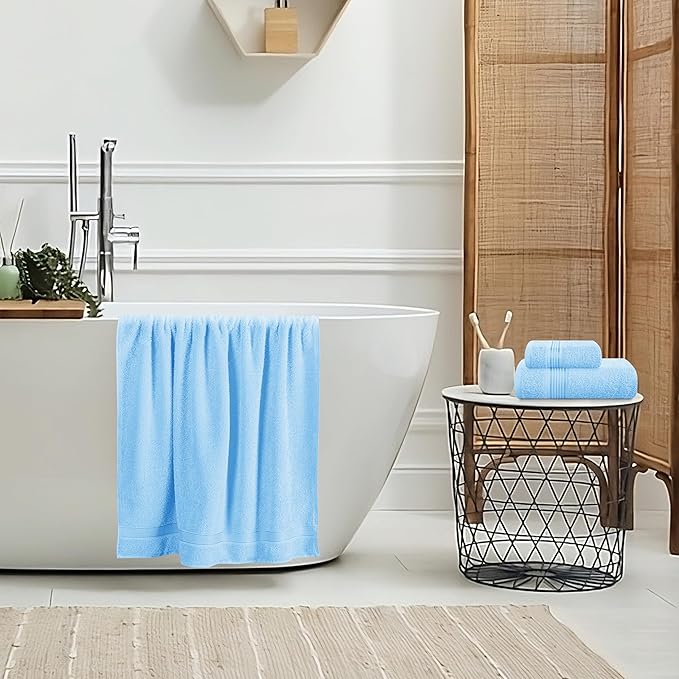 Belizzi Home Ultra Soft 3 Pack Cotton Towel Set, Contains a Bath Towel 28x55 inch, a Hand Towel 16x24 inch & a Wash Coth 12x12 inch, Ideal Everyday use, Compact & Lightweight - Sky Blue