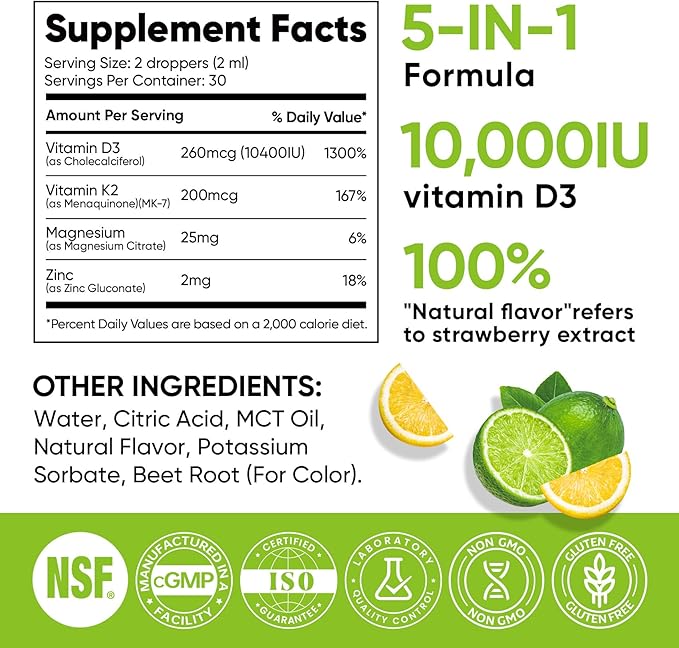 Venture Pal 5-in-1 Vitamin D3 10000 IU & K2 as MK-7 200mcg with Magnesium, MCT Oil, Zinc, Sugar-Free Vitamin D Liquid |Maximum Absorption for Bone, Mood & Immune Health - 2 FL OZ, 60 Days