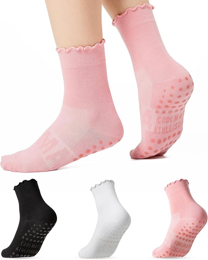 CoolMate 2/3/4 Pairs Pilates Socks with Grips for Women, Cute Yoga Socks, Crew Non Slip Women for Barre, Pilates Gifts