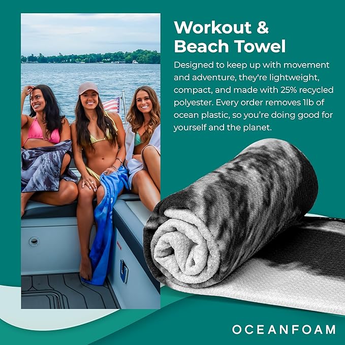 Oceanfoam Beach Towel – Lightweight, Absorbent, Quick-Drying, Sand-Resistant, Non-Slip – Ideal for Workouts, Yoga, Pilates, Beach, Pool, Boat & Travel – 25% Recycled – 72"x24" (Black Marbled)