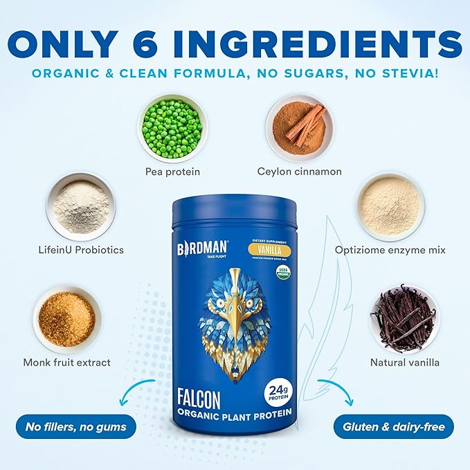 BIRDMAN Falcon Organic Vegan Protein Powder Vanilla, 24g Protein, Sugar Free, Probiotics, Low Carb, Keto Friendly, Dairy Free, Lactose Free, Non Whey, Plant Based Pea Protein Powder - 18 Servings