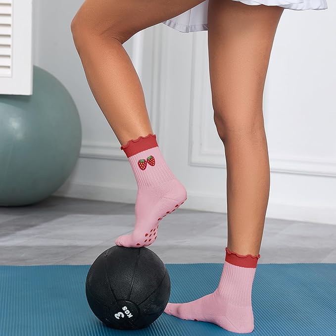 Cute Pilates Socks with Grips for Women Ruffle Cuff Embroidery Non Slip Yoga Socks for Workout, Barre, Pilates Gifts