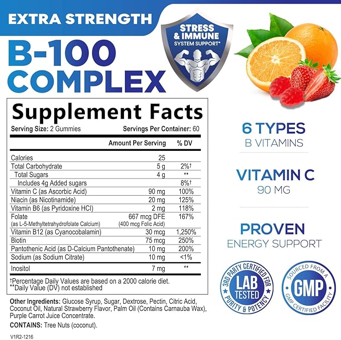 B Complex Supplement Gummies with Vitamin C & Folic Acid, Extra Strength Super Vitamin B Gummy with Niacin, B6, Folic Acid, B12, Biotin, Nature's Energy Immune Support Supplements - 120 Gummies