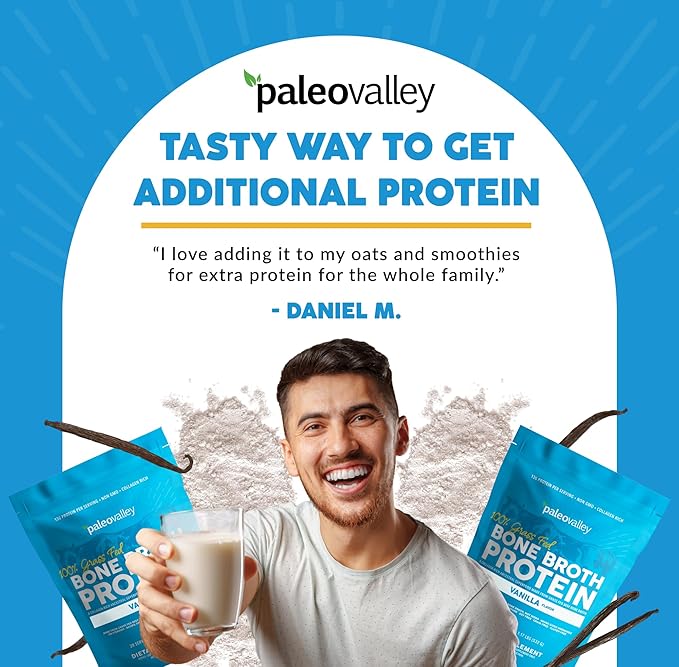 Paleovalley 100% Grass Fed Beef Bone Broth Protein Powder - Rich in Collagen Peptides for Hair, Skin, Gut Health, Bone and Joint Support - 15g Protein Per Serving - No Gluten or GMOs - Vanilla