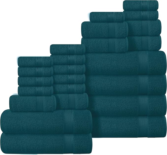 Belizzi Home 100% Cotton Towel Set, Contains 6 Soft Bath Towel, 6 Hand Towels, 12 Wash Cloths - Compact Absorbent Lightweight & Quickdry Towels for Bathroom - 24 Piece Bathroom Towel Set - Teal