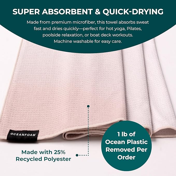 Oceanfoam Beach Towel – Lightweight, Absorbent, Quick-Drying, Sand-Resistant, Non-Slip – Ideal for Workouts, Yoga, Pilates, Beach, Pool, Boat & Travel – 25% Recycled – 72"x24" (Natural)