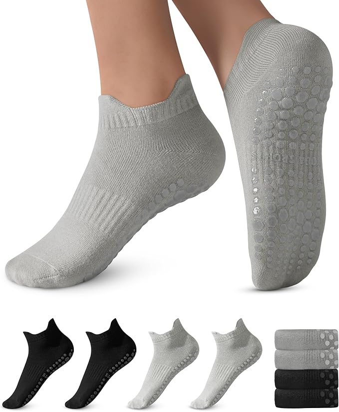 DIBAOLONG Pilates Socks with Grips for Women, Grip Socks Non Slip Yoga Socks for Barre Hospital Grippy Socks 4 Pairs