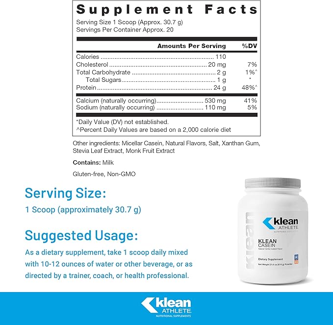 Klean Athlete | Klean Casein Protein | Designed to Help with Recovery and Reduce Muscle Breakdown.* | NSF Certified for Sport | 21.6 Ounces | Natural Vanilla Custard Flavor