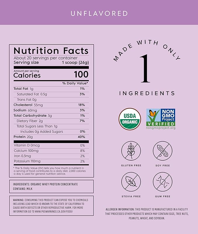 Truvani Organic Whey Protein Powder | Unflavored | 20g Grass Fed Whey Protein | 20 Servings | USDA Organic & Non-GMO | Gluten Free | No Gums, No Soy, No Stevia, No Added Sugars