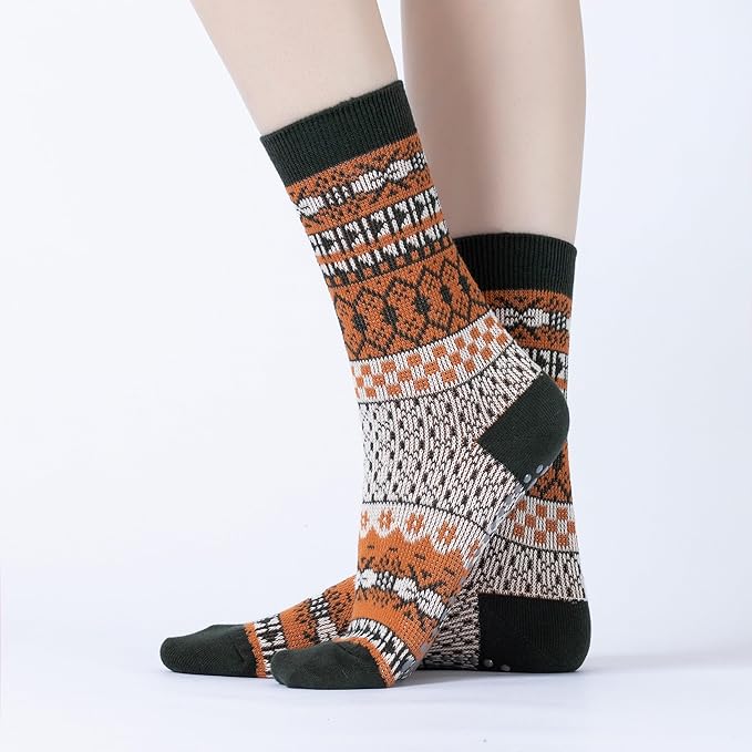 Yoga Pilates Socks with Grips for Women Knit Patterned Non Slip Cushioned Crew Socks for Barre Ballet Dance