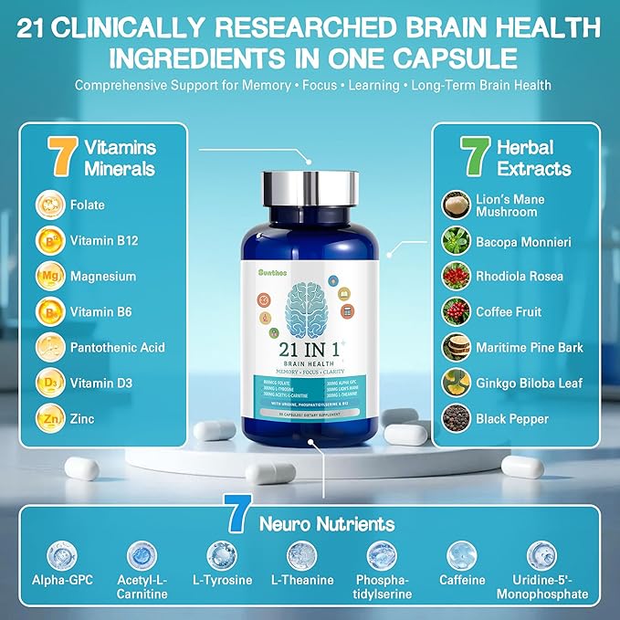 Brain Supplements for Memory and Focus, 21-in-1 Brain Supplement for Mental Alertness, Cognitive with 300mg Alpha-GPC, 300mg Lion’s Mane, L-Theanine, Phosphatidylserine, Vitamins B6 B12, 90 Capsules