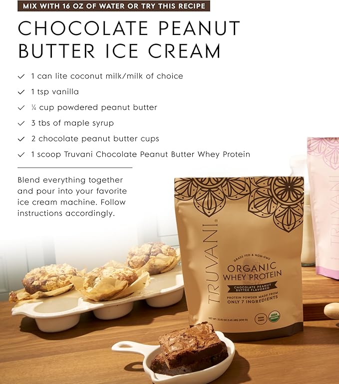 Truvani Organic Whey Protein Powder | Chocolate Peanut Butter | 20g Grass Fed Whey Protein | 20 Servings | USDA Organic & Non-GMO | Gluten Free | No Gums, No Soy, No Stevia, No Added Sugars