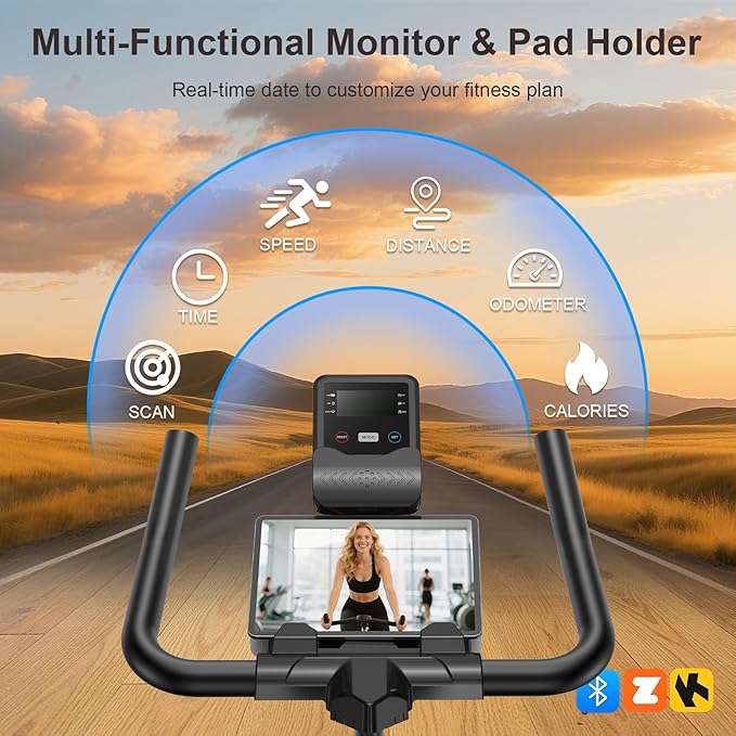 Exercise Bike, Stationary Bike for Home, App Compatible, 350lb Capacity, Comfortable Adjustable Seat, Digital Display & Pad Holder, Quiet Ride