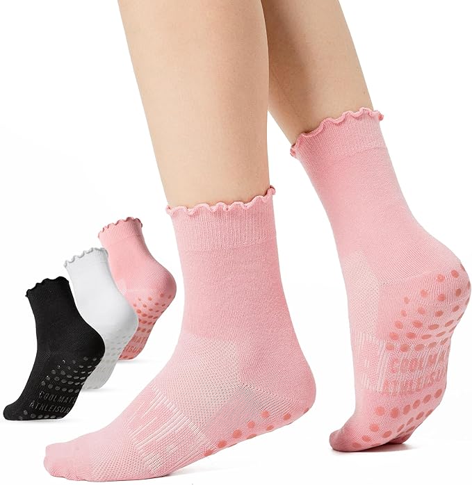 CoolMate 2/3/4 Pairs Pilates Socks with Grips for Women, Cute Yoga Socks, Crew Non Slip Women for Barre, Pilates Gifts