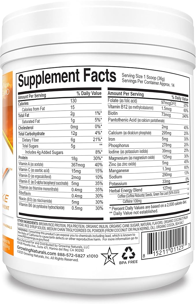 Growing Naturals All Natural Plant Based Protein, One & Done Super Shake, 18g Protein with Non-GMO High Fiber and Gluten Free, A.M. Energy 1 Pound (Pack of 1)