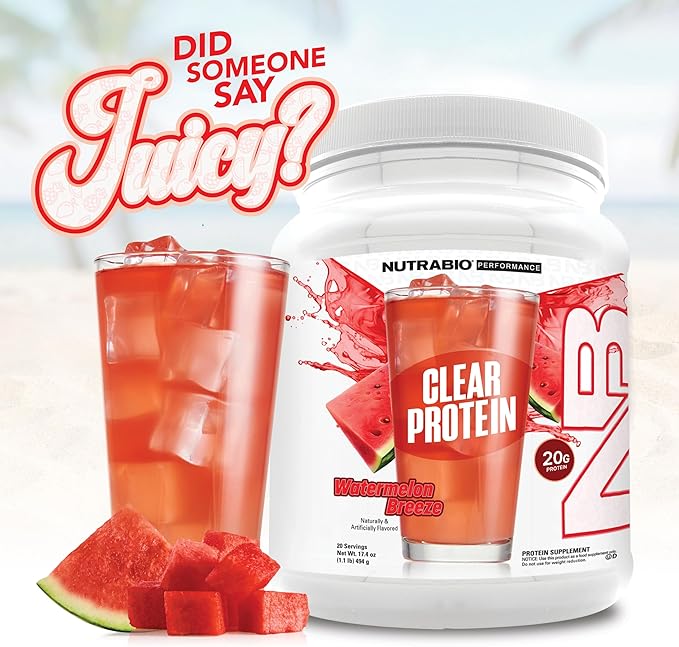 NutraBio Clear Protein Powder, Watermelon Breeze - 20 Servings, 20g Clear Whey Protein Isolate, 0 Sugar, 0g Lactose, Refreshing Fruit Flavors, GLP1 Support -Bone Health - Muscle Post Workout Recovery