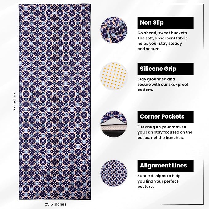 Yoga Grip Yoga Towel - Non Slip Hot Yoga Mat Towel With Corner Pockets, No-Skid Grip, and Built-in Alignment Lines | Soft, Moisture Wicking, and Sweat Absorbent | No Bunching, Stays in Place 72" x 25"