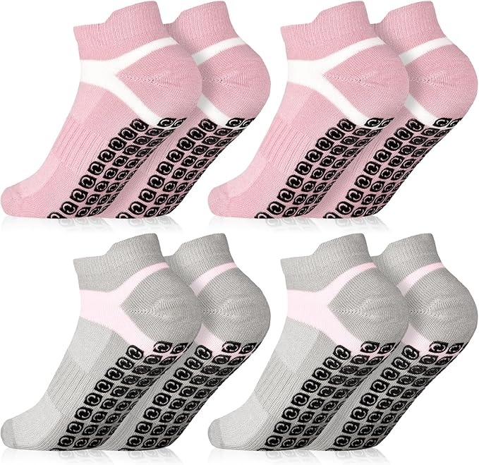 Jspupifip 4 Pairs Non Slip Yoga Socks with Grips for Women Men Pilates Grippy Socks Cotton Barre Hospital Home