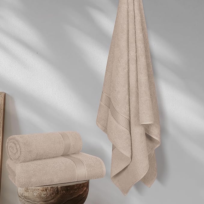 BELZZI Home Ultra Soft 4 Pack Oversized Bath Towel Set 27x54, Cotton Compact Bath Towels, Highly Absorbant Eco-Friendly Quickdry & Lightweight Towel, Ideal for Gym Travel Camp Pool - Tan