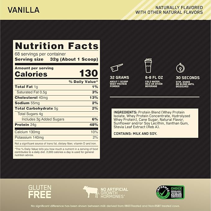Optimum Nutrition Gold Standard 100% Whey Naturally Flavored Protein Powder 4.8 (Packaging May Vary), Vanilla, 76.8 Ounce