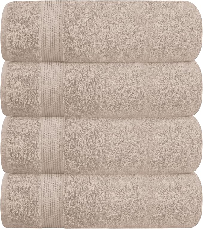 BELZZI Home Ultra Soft 4 Pack Oversized Bath Towel Set 27x54, Cotton Compact Bath Towels, Highly Absorbant Eco-Friendly Quickdry & Lightweight Towel, Ideal for Gym Travel Camp Pool - Tan