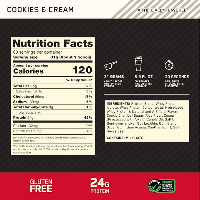 Optimum Nutrition Gold Standard 100% Whey Protein Powder, Cookies & Cream, 5 Pound (Packaging May Vary)