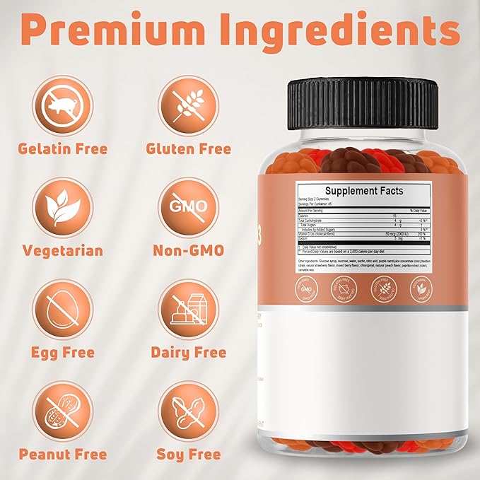 Vitamin D Gummies for Adults (Vitamin D3 2000 IU). Gelatin-Free, Gluten-Free & Non-GMO Vitamin D Gummy. Supports Bones, Muscles, and Immune System. 45 Day Supply. D3 Gummies for Adults