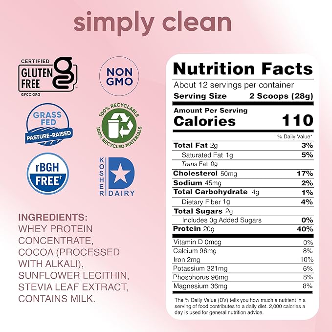 Simply tera's Pure Whey Protein Powder - Dark Chocolate Clean Whey Protein Powder, Made Without Artificial Sweeteners, Clean Label, Non-GMO, Kosher, rBGH-Free - 12 Oz