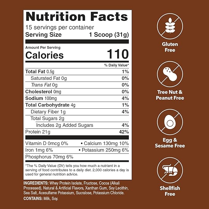 Unjury Whey Protein Powder | Chocolate Protein Powder | 21g 100% Whey Isolate Protein Powder | Low Carb and Lactose Free | Gluten Free Whey Protein Isolate | Certified Kosher | 15 Servings