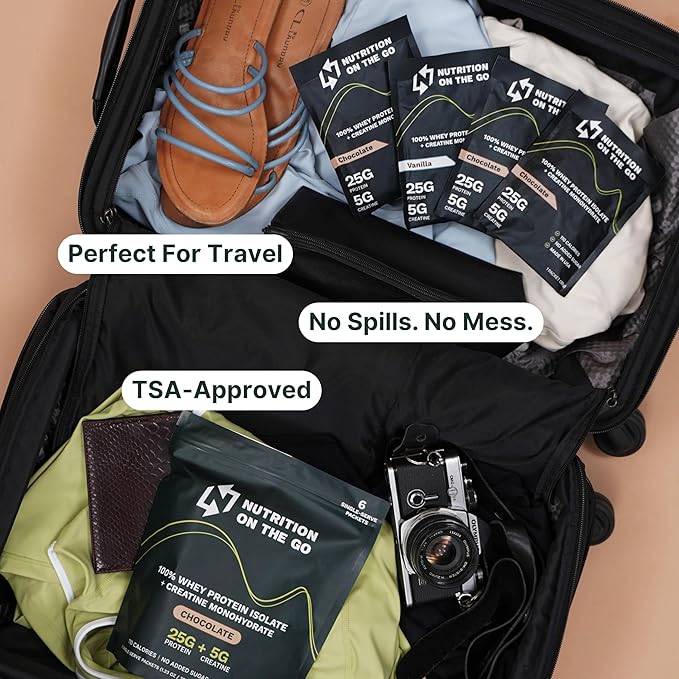 Nutrition On The Go Whey Protein Isolate Packets with Creatine – 25g Protein + 5g Creatine – Single-Serve Travel Protein Powder – Vanilla (6-Pack)