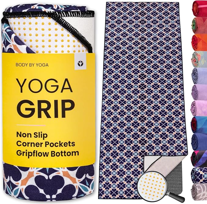Yoga Grip Yoga Towel - Non Slip Hot Yoga Mat Towel With Corner Pockets, No-Skid Grip, and Built-in Alignment Lines | Soft, Moisture Wicking, and Sweat Absorbent | No Bunching, Stays in Place 72" x 25"